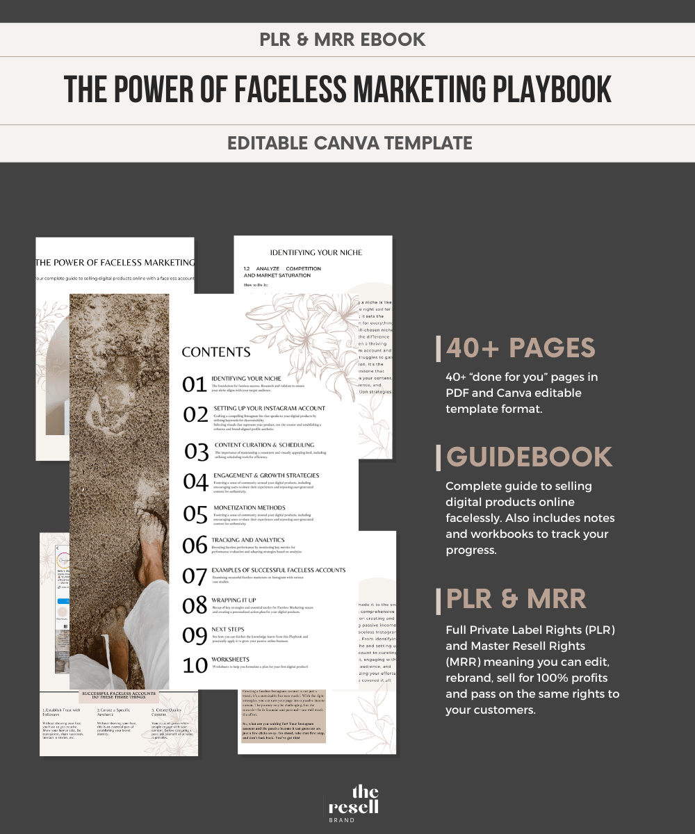 The Power of Faceless Marketing Playbook | MRR & PLR | 40+ Pages Digital Marketing Guide | How to Sell Digital Products Online | Canva Editable eBook - theResellBrand