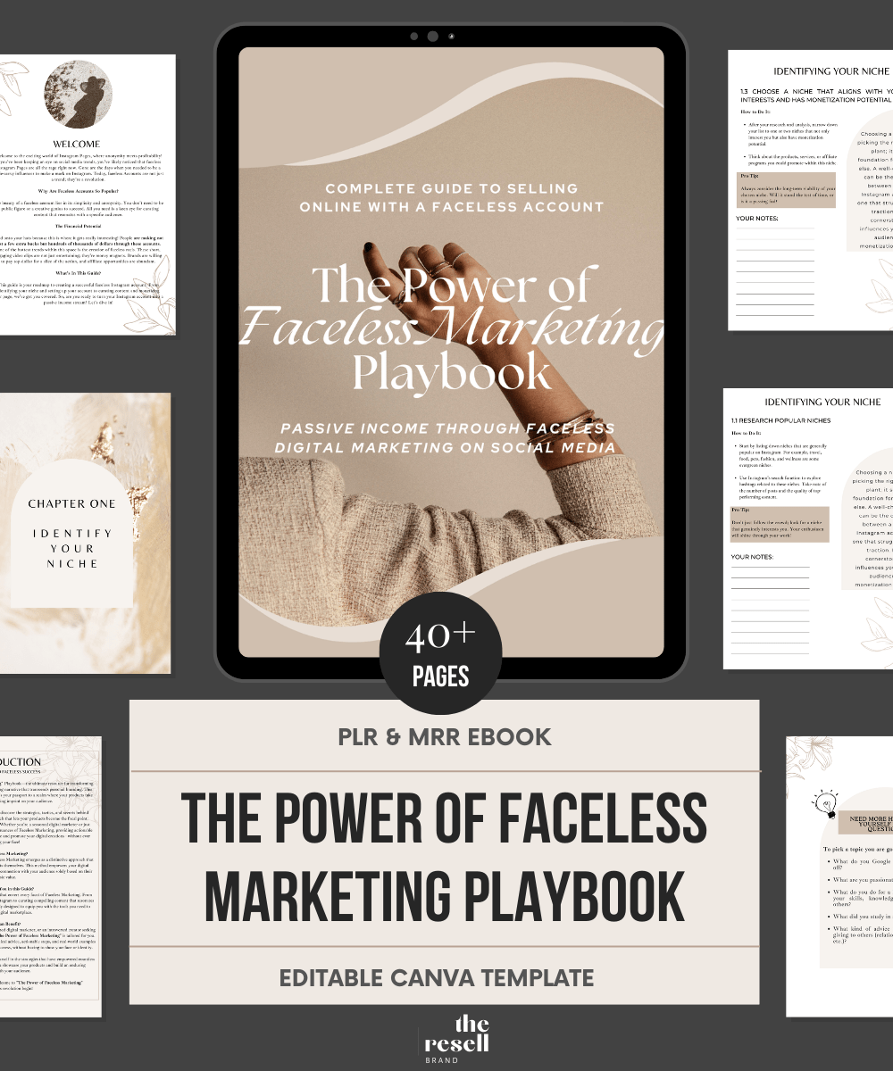 The Power of Faceless Marketing Playbook | MRR & PLR | 40+ Pages Digital Marketing Guide | How to Sell Digital Products Online | Canva Editable eBook - theResellBrand